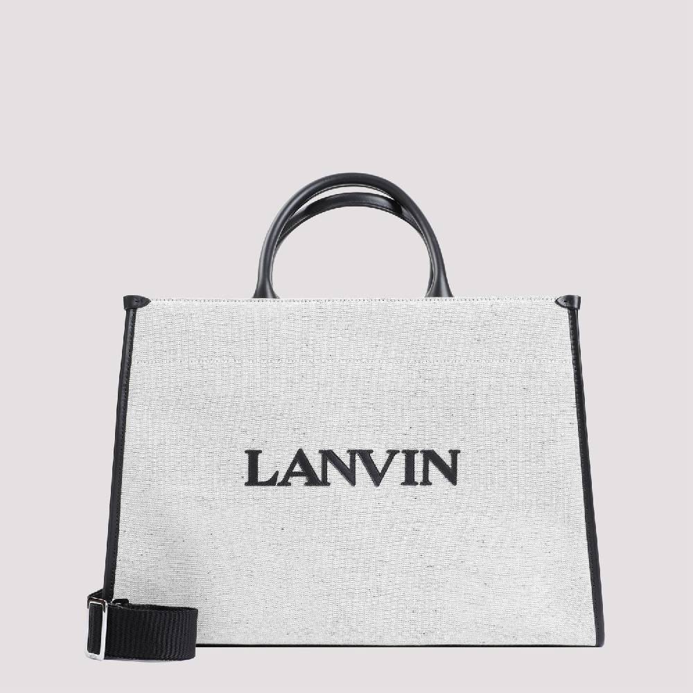 LANVIN  Borsa Shopper Lanvin in Cotone e Lino Grigio con Rifiniture in Pelle Negozi Online
