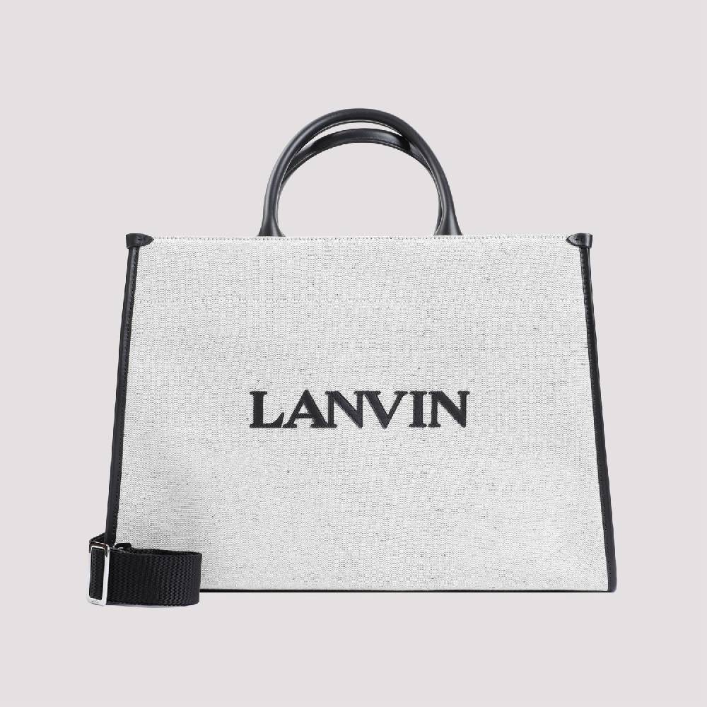 LANVIN  Borsa Shopper Lanvin in Cotone e Lino Grigio con Rifiniture in Pelle Negozi Online