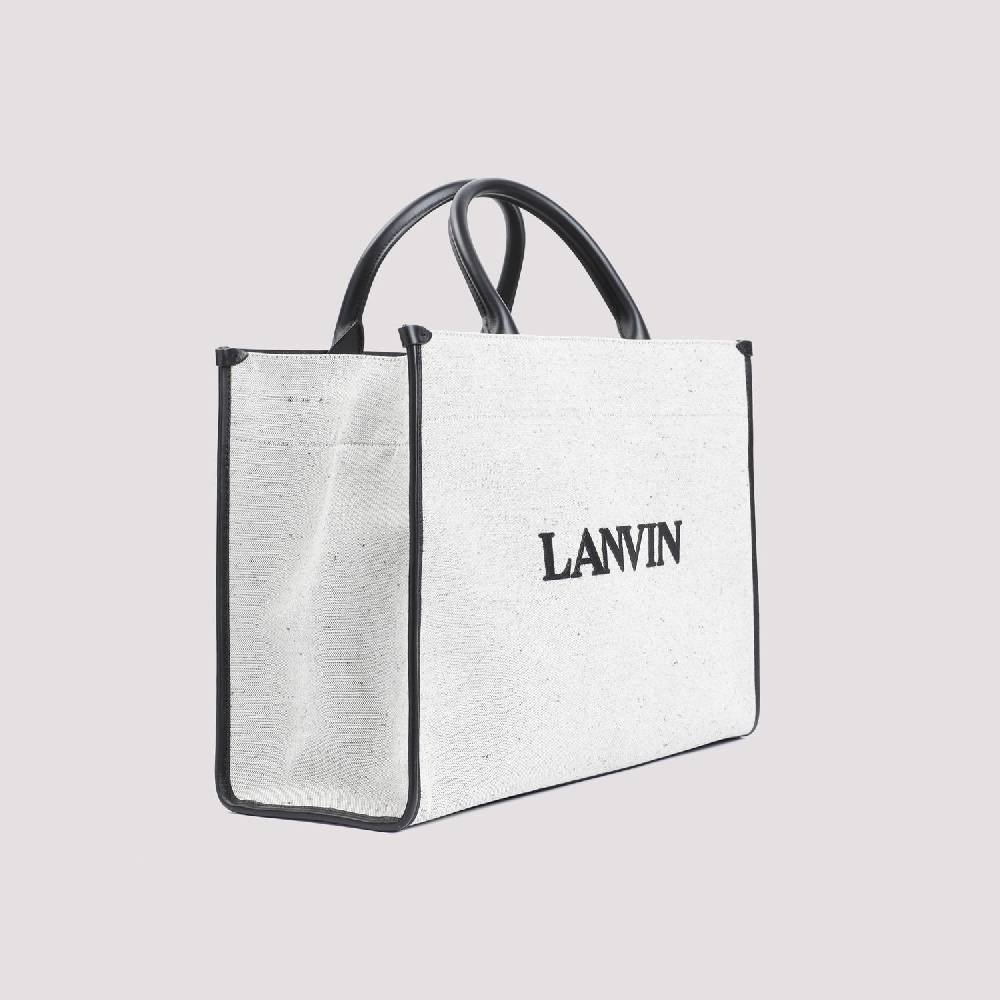 LANVIN  Borsa Shopper Lanvin in Cotone e Lino Grigio con Rifiniture in Pelle Negozi Online