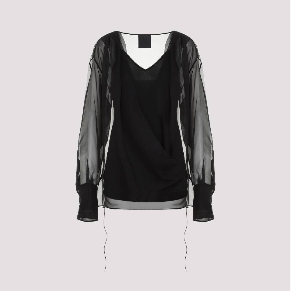 GIVENCHY  Camicia Nera in Seta Drappeggiata Givenchy con Lacci Laterali Economico