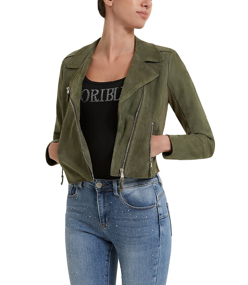 Loriblu Giacca stile biker in camoscio salvia Nuovo