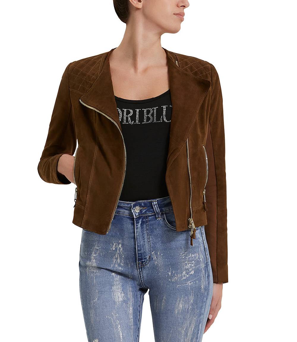 Loriblu Giacca stile biker in camoscio tabacco Pezzi Unici