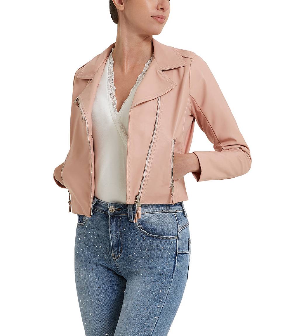 Loriblu Giacca stile biker in pelle rosa Soddisfazione Garantita