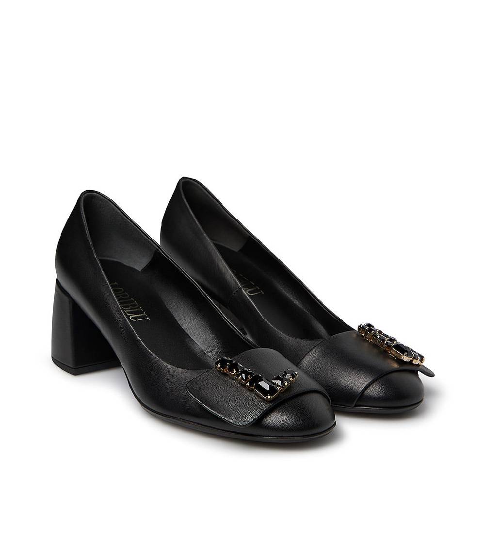 Loriblu Décolleté nappa nero con Logo Signature cristalli Italy