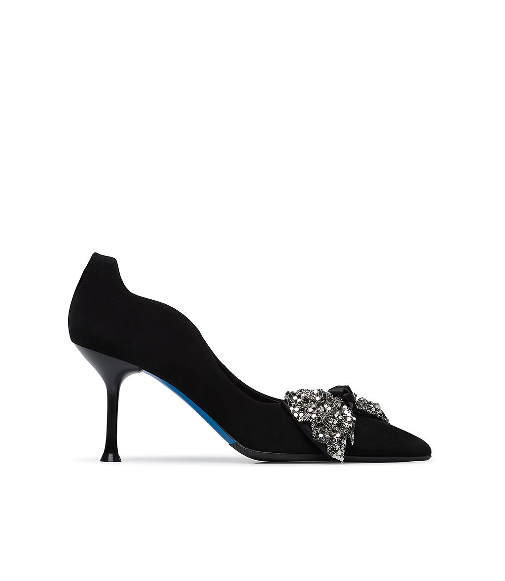 Loriblu Décolleté onda camoscio nero con fiocco full metal argento Consegna Veloce