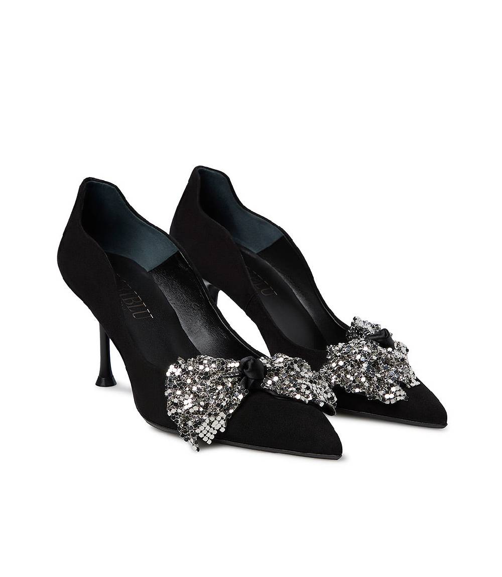 Loriblu Décolleté onda camoscio nero con fiocco full metal argento Consegna Veloce