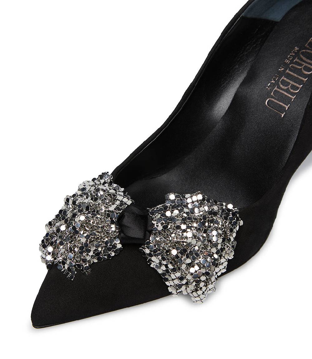 Loriblu Décolleté onda camoscio nero con fiocco full metal argento Consegna Veloce