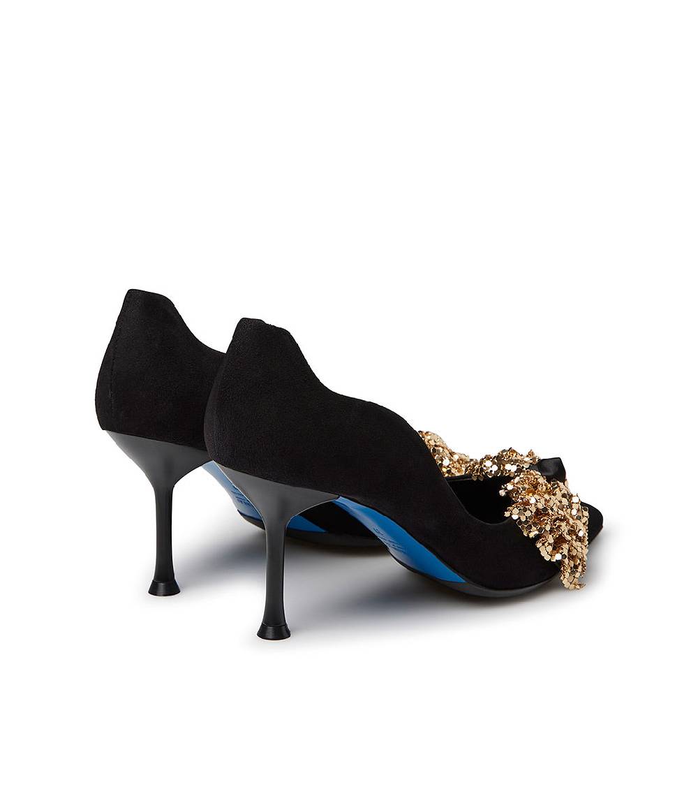 Loriblu Décolleté onda in camoscio nero con fiocco full metal oro Promozione Limitata