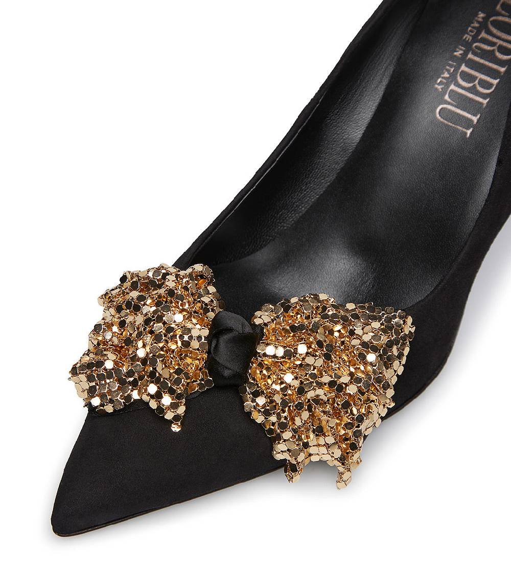 Loriblu Décolleté onda in camoscio nero con fiocco full metal oro Promozione Limitata