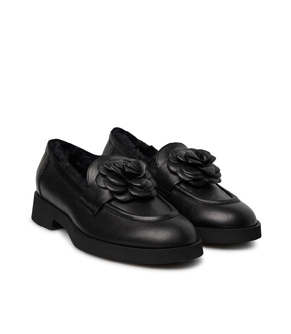 Loriblu Mocassino in nappa nero con fiore e fodera shearling Affare Del Giorno