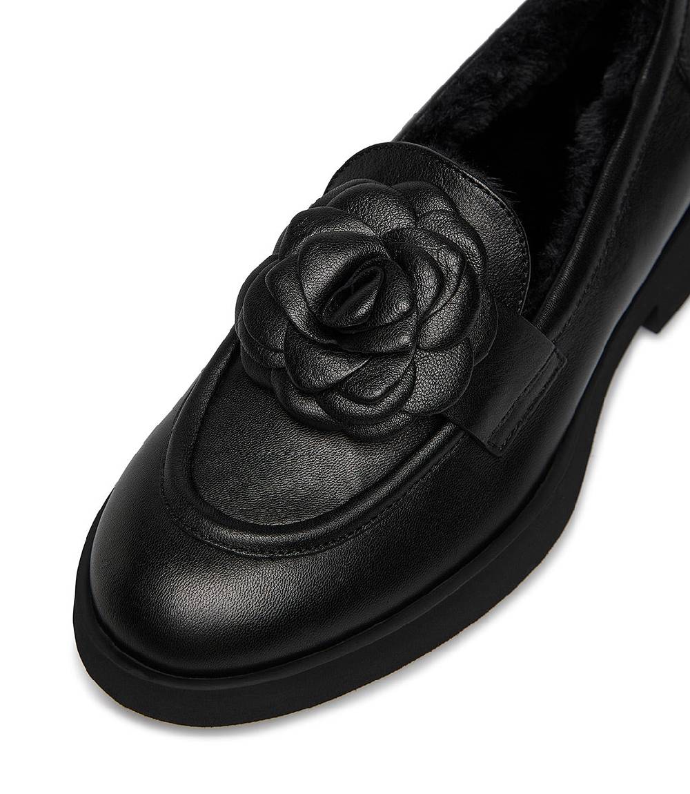 Loriblu Mocassino in nappa nero con fiore e fodera shearling Affare Del Giorno