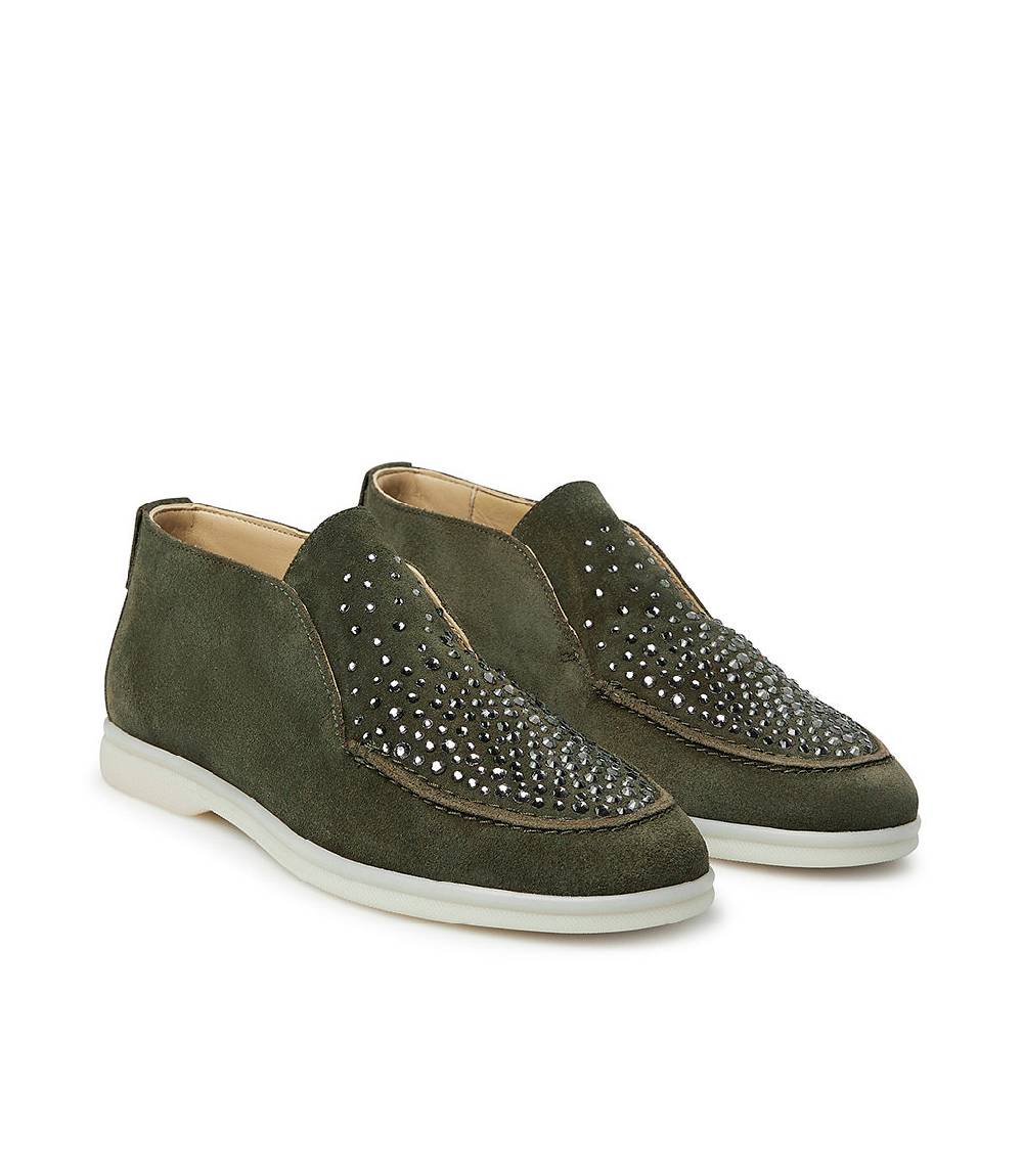 Loriblu Mocassini in pelle scamosciata verde con cristalli Moda