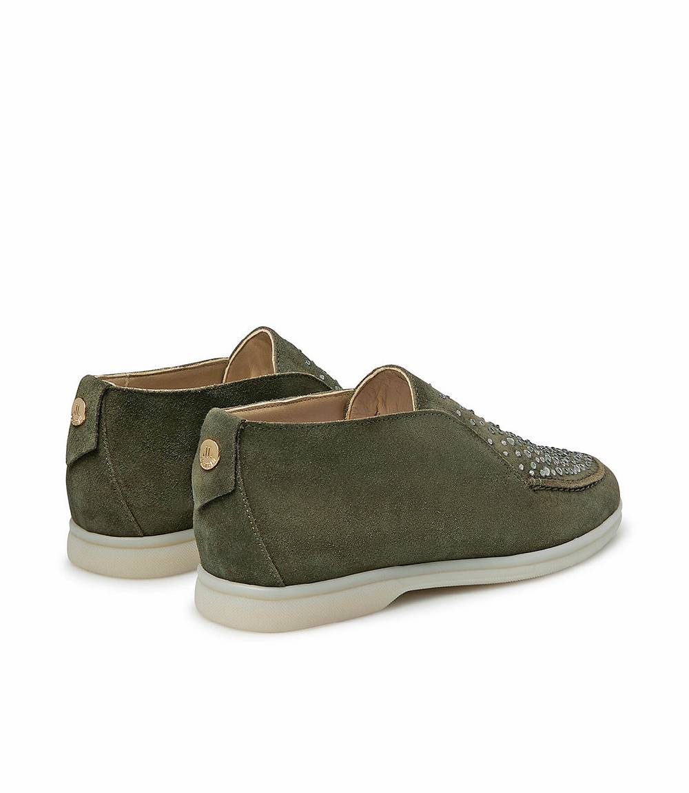 Loriblu Mocassini in pelle scamosciata verde con cristalli Moda