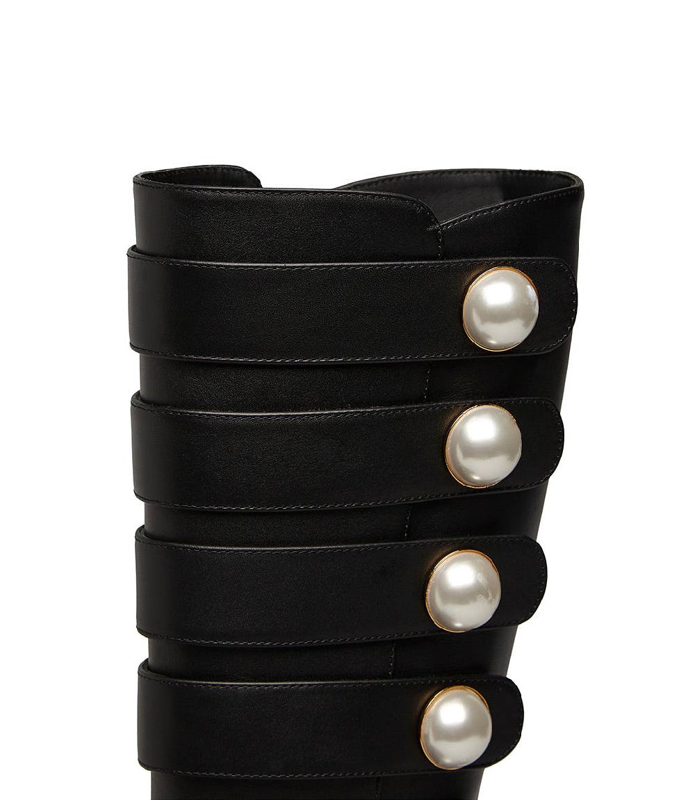Loriblu Stivale in vitello nero con cinturini e borchie perla Comprare a buon mercato