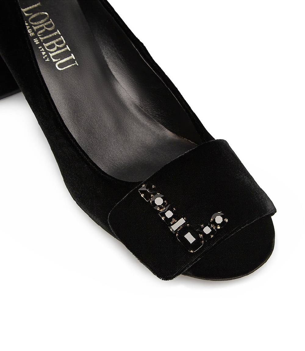 Loriblu Décolleté in velluto nero con Logo Signature in cristalli Vendite stagionali
