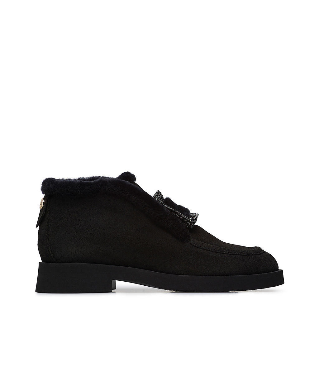 Loriblu Mocassini in camoscio e shearling nero con fibbia-gioiello Offerta Pasqua