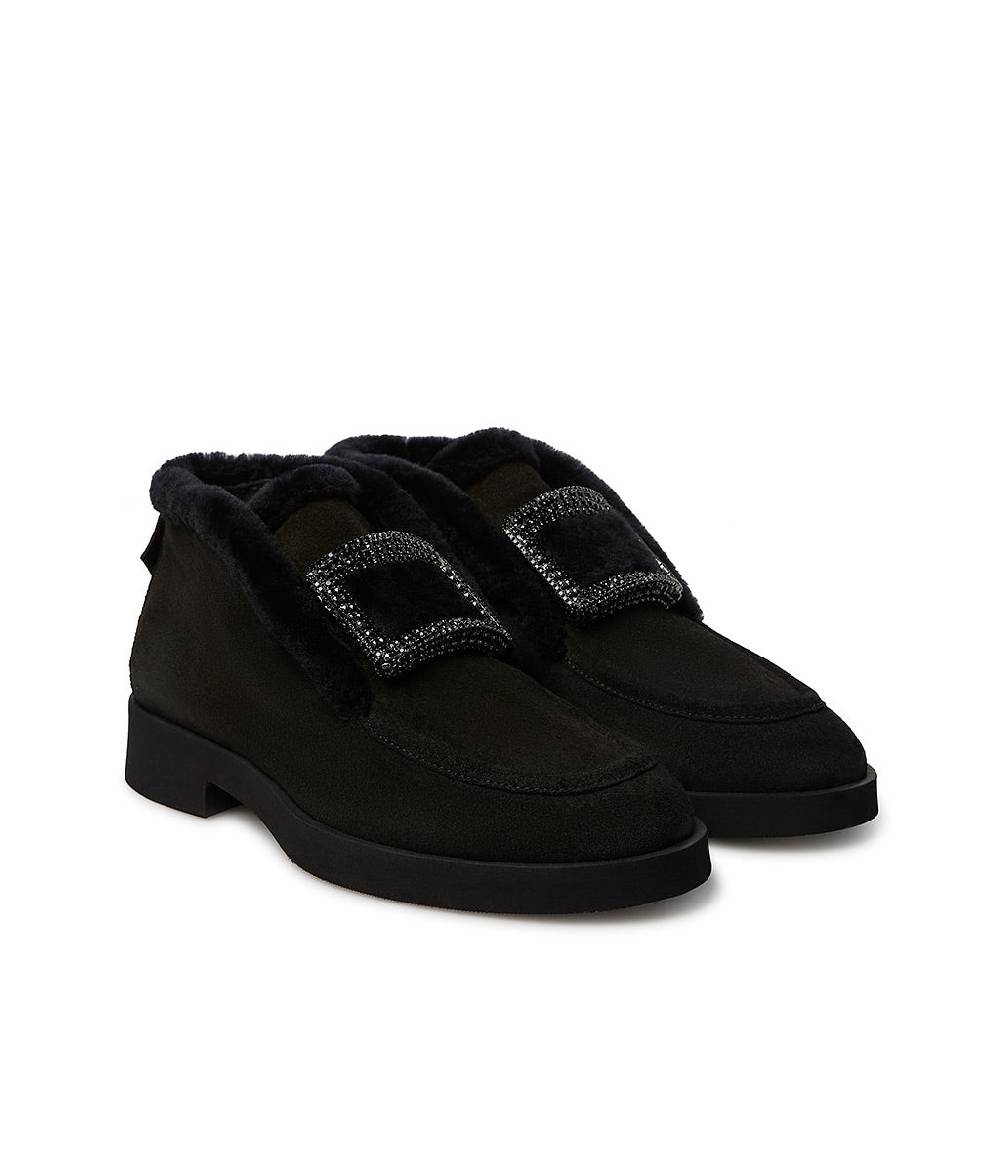 Loriblu Mocassini in camoscio e shearling nero con fibbia-gioiello Offerta Pasqua