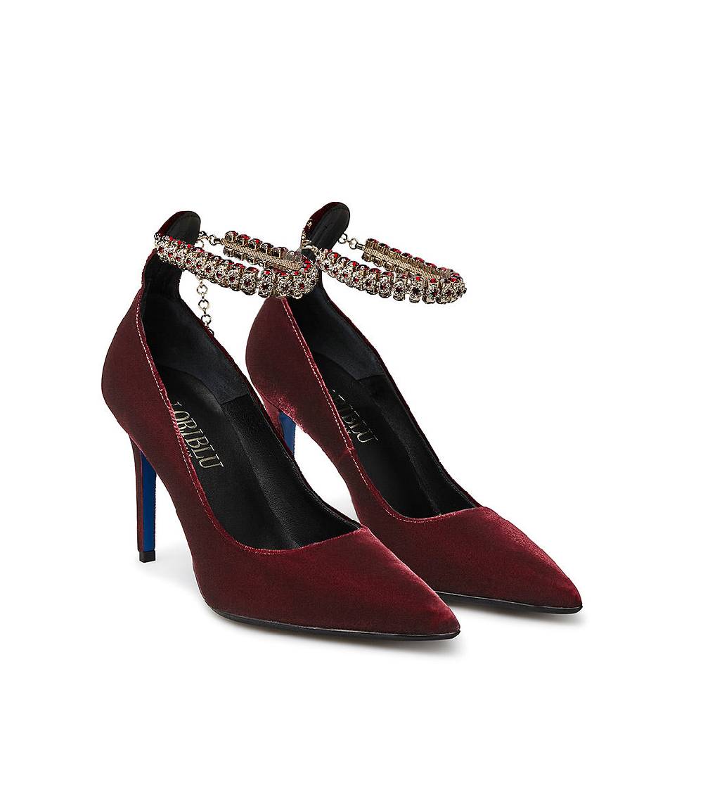 Loriblu Décolleté in velluto rosso rubino con cinturino gioiello Offerta settimanale
