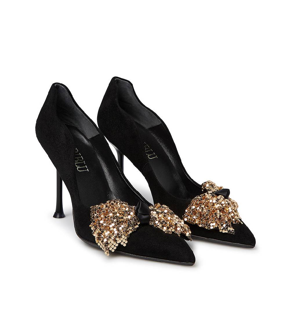 Loriblu Décolleté onda in camoscio nero con fiocco full metal oro Rilascio limitato