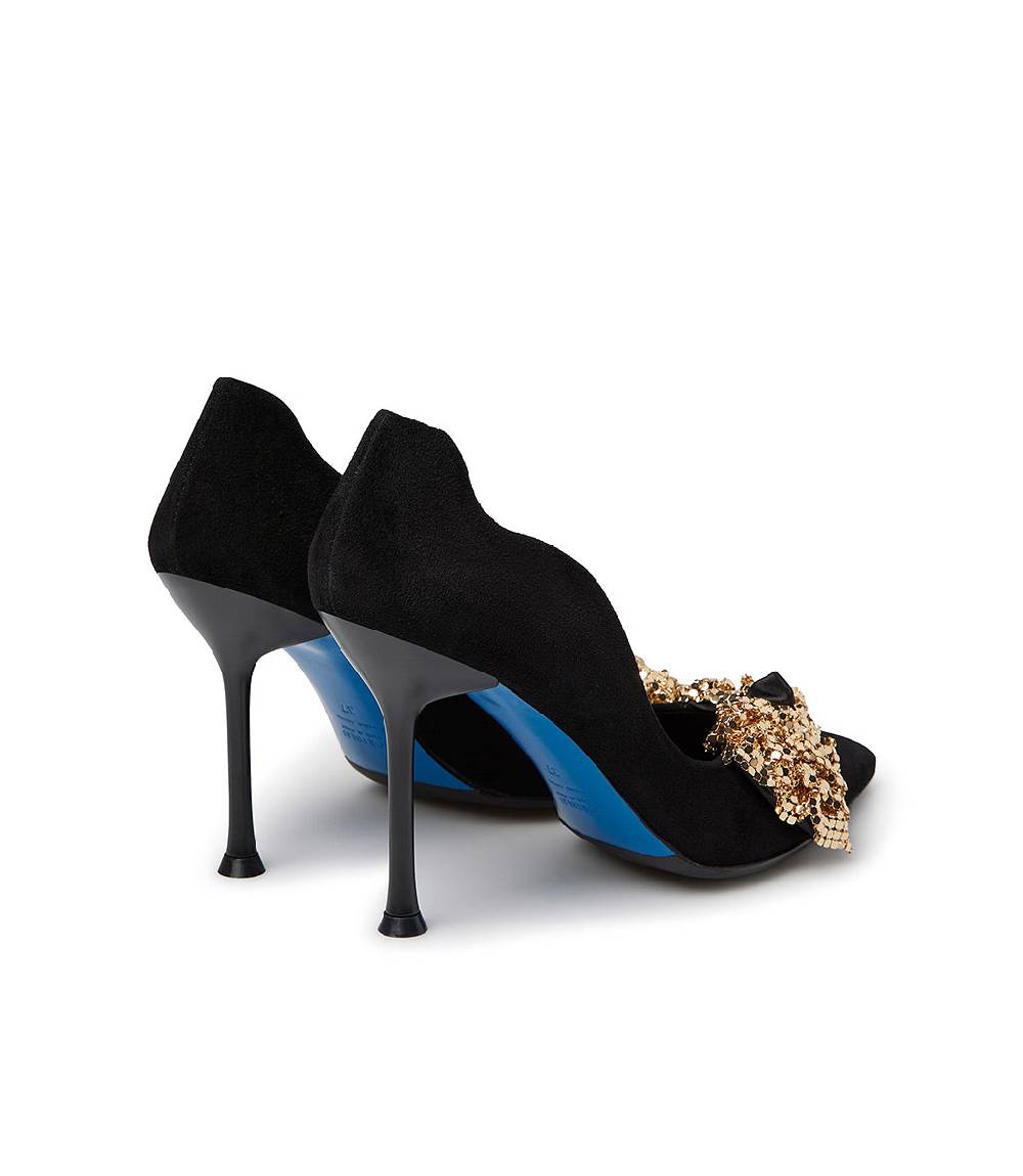 Loriblu Décolleté onda in camoscio nero con fiocco full metal oro Rilascio limitato
