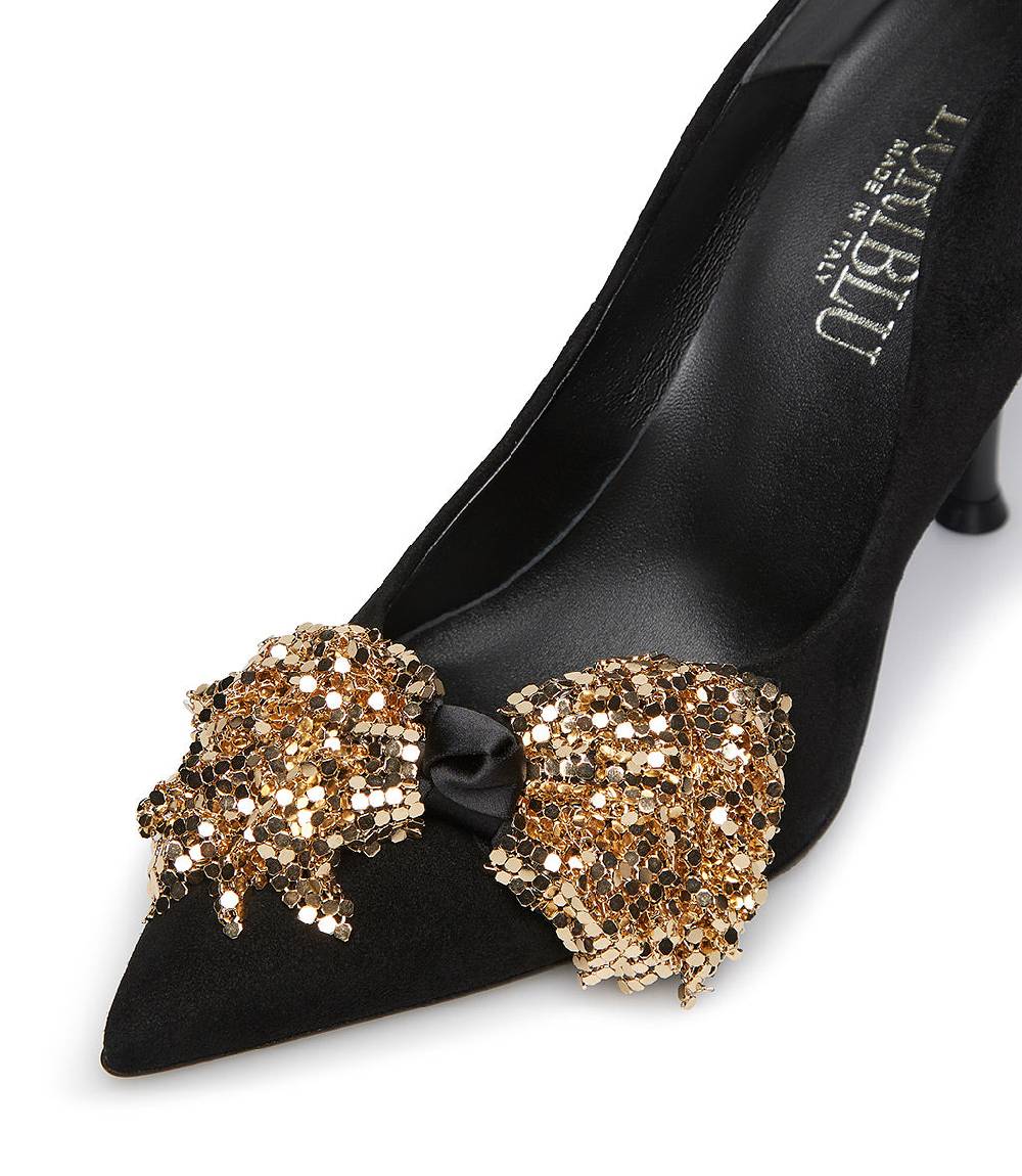 Loriblu Décolleté onda in camoscio nero con fiocco full metal oro Rilascio limitato