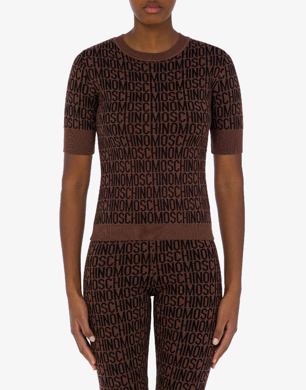 Love Moschino Top in lana Allover Logo Vendita Economica