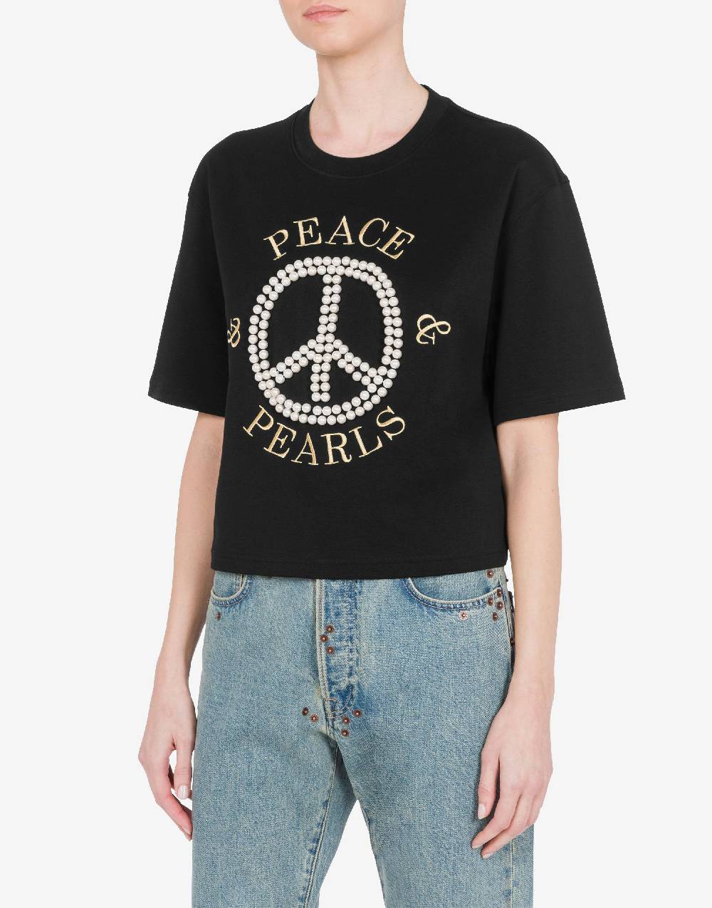 Love Moschino T-shirt in interlock di cotone Peace & Pearls Negozi Online