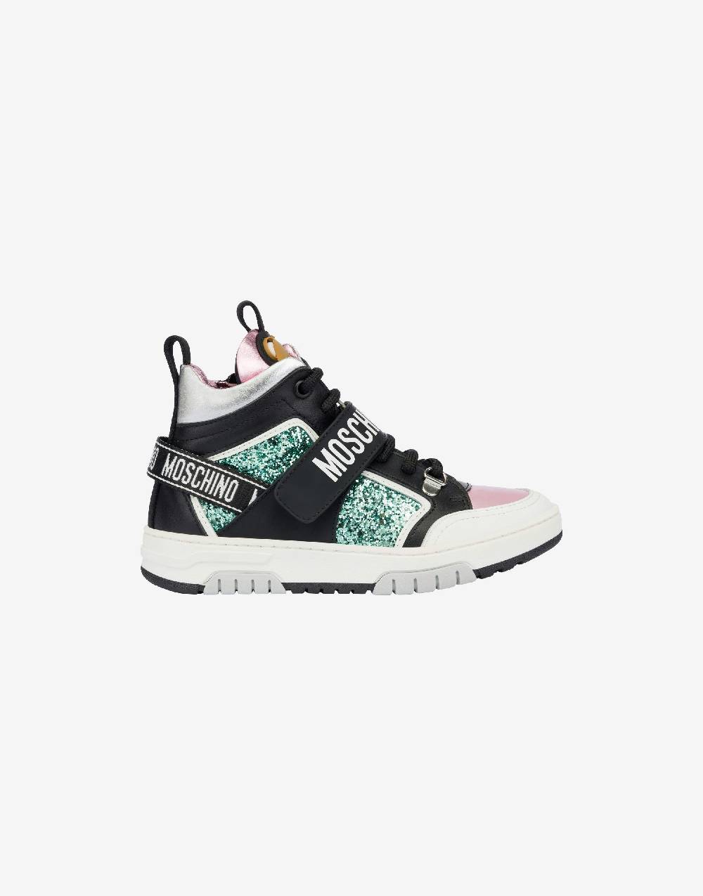 Love Moschino Sneakers alte in glitter e vitello Teddy Patch In vendita