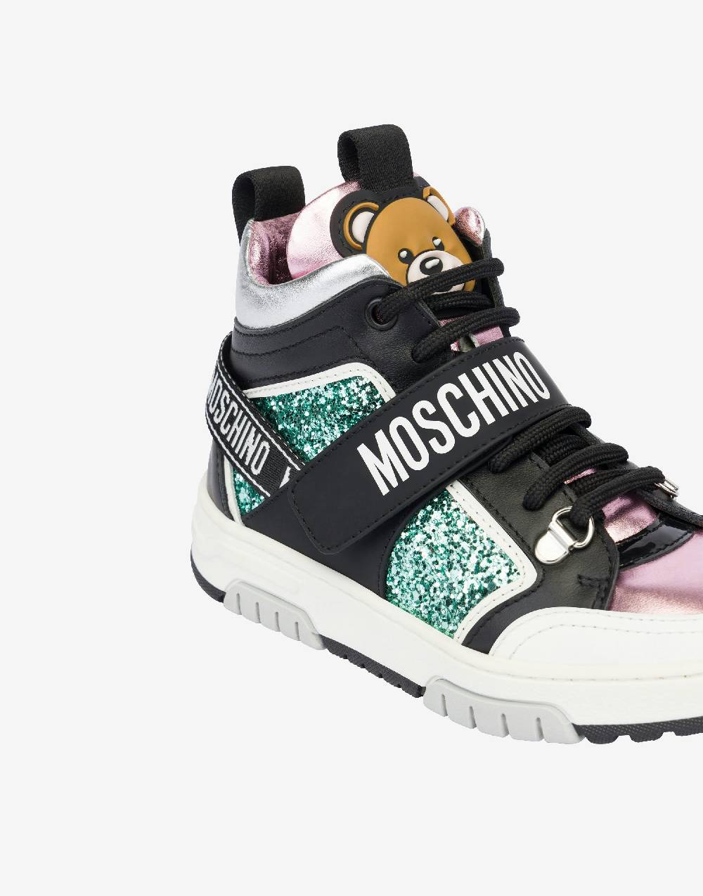 Love Moschino Sneakers alte in glitter e vitello Teddy Patch In vendita
