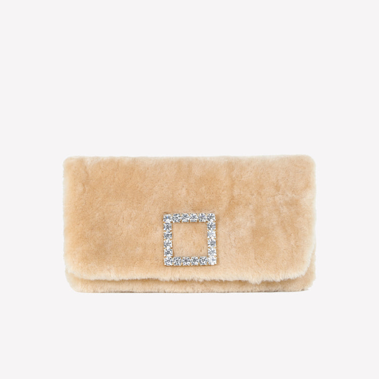 Roberto Festa BORSA CLUTCH IN MONTONE EFFETTO VISONE MIELE CON FIBBIA QUADRA COLOR GOLD CON CRISTALLI CAPRILUX Qualità