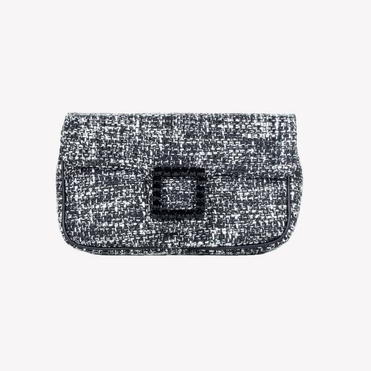 Roberto Festa BORSA A SPALLA IN TESSUTO CHICCO DI RISO BIANCO NERO CON ACCESSORIO FIBBIA QUADRA CON CRISTALLI LUNETTE Promozione