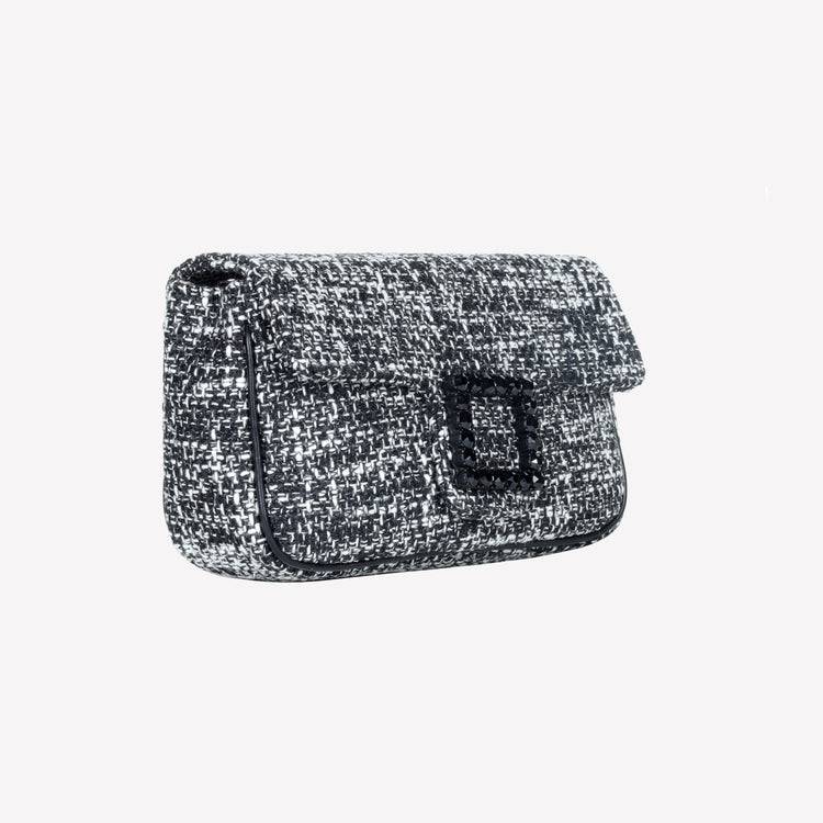 Roberto Festa BORSA A SPALLA IN TESSUTO CHICCO DI RISO BIANCO NERO CON ACCESSORIO FIBBIA QUADRA CON CRISTALLI LUNETTE Promozione