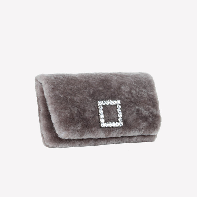 Roberto Festa BORSA CLUTCH IN MONTONE EFFETTO VISONE NUTRIA CON FIBBIA QUADRA COLOR SILVER CON CRISTALLI CAPRILUX Vendita Calda