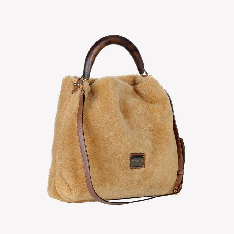 Roberto Festa BORSA A SPALLA IN MONTONE COLOR TEDDY CON MANICO IN LEGNO NOCE BIANCA Affare Del Giorno