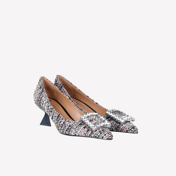 Roberto Festa DECOLLETE’ IN TESSUTO MULTICOLORE CON FIBBIA QUADRA STRASS EVILLY Presa