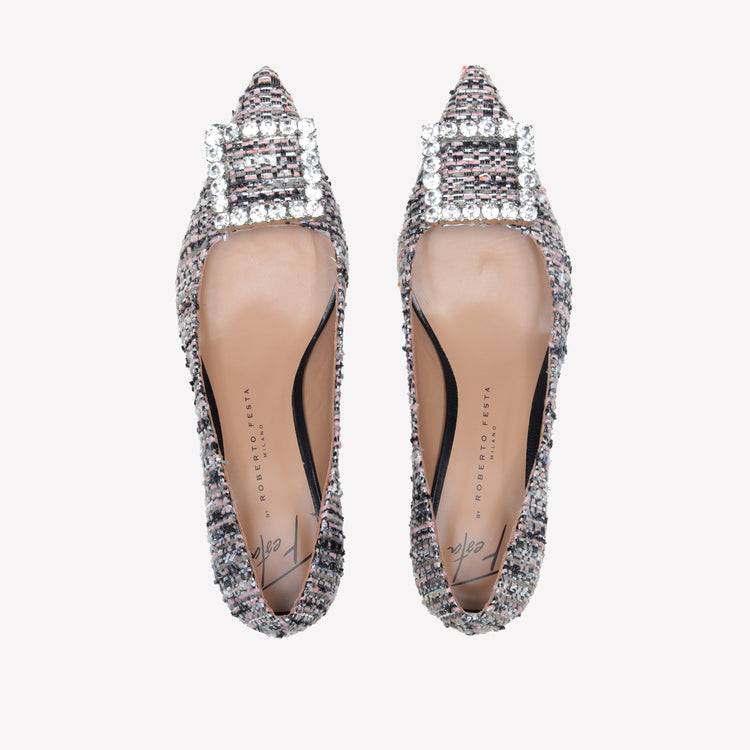Roberto Festa DECOLLETE’ IN TESSUTO MULTICOLORE CON FIBBIA QUADRA STRASS EVILLY Presa