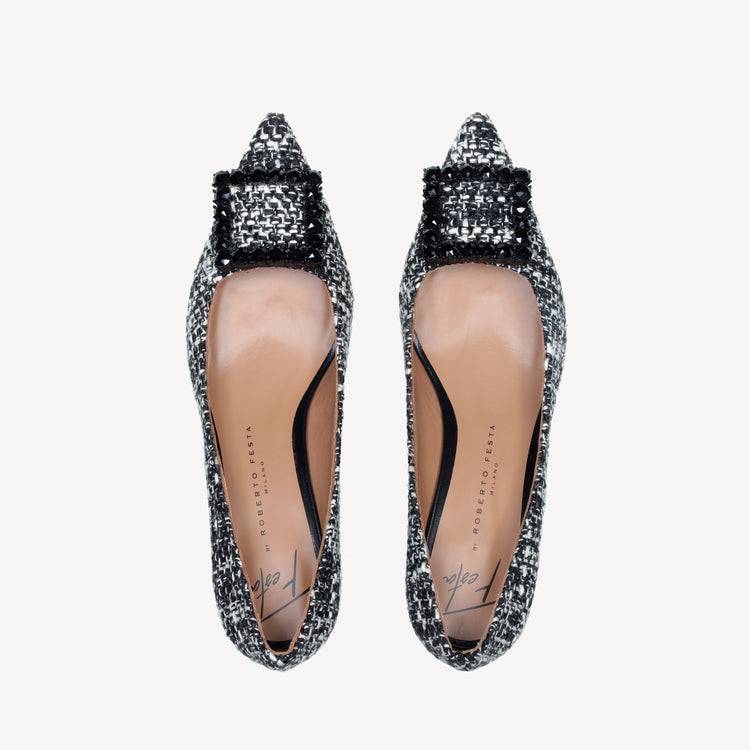 Roberto Festa DECOLLETE’ IN TESSUTO TWEED CON FIBBIA QUADRA CRISTALLI EVILLY Sconto