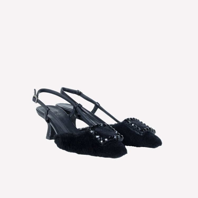 Roberto Festa SLINGBACK IN VISONE NERO CON FIBBIA QUADRA CON CRISTALLI STEFI 2025