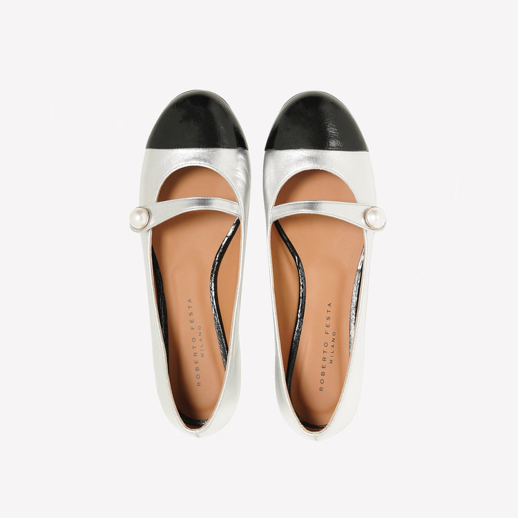 Roberto Festa BALLERINA MARY JANE IN NAPPA ARGENTATA CON PUNTALE A CONTRASTO DIVY Offerte giornaliere