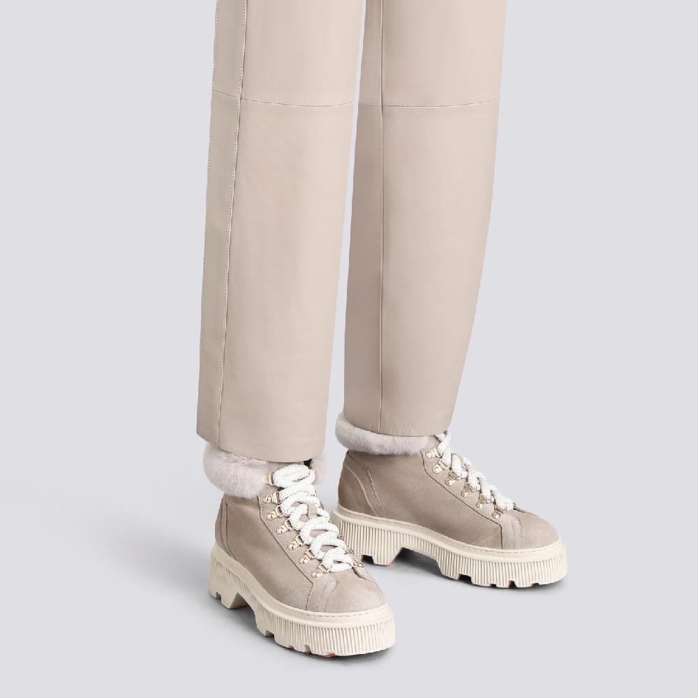 Santoni Scarponcino da montagna con pelliccia da donna in suede tortora Prezzo Ridotto