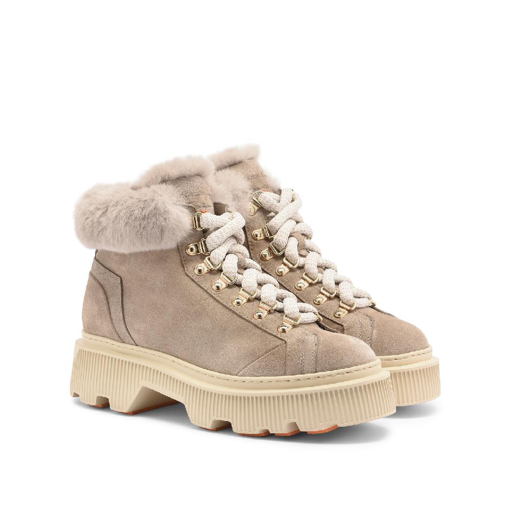 Santoni Scarponcino da montagna con pelliccia da donna in suede tortora Prezzo Ridotto