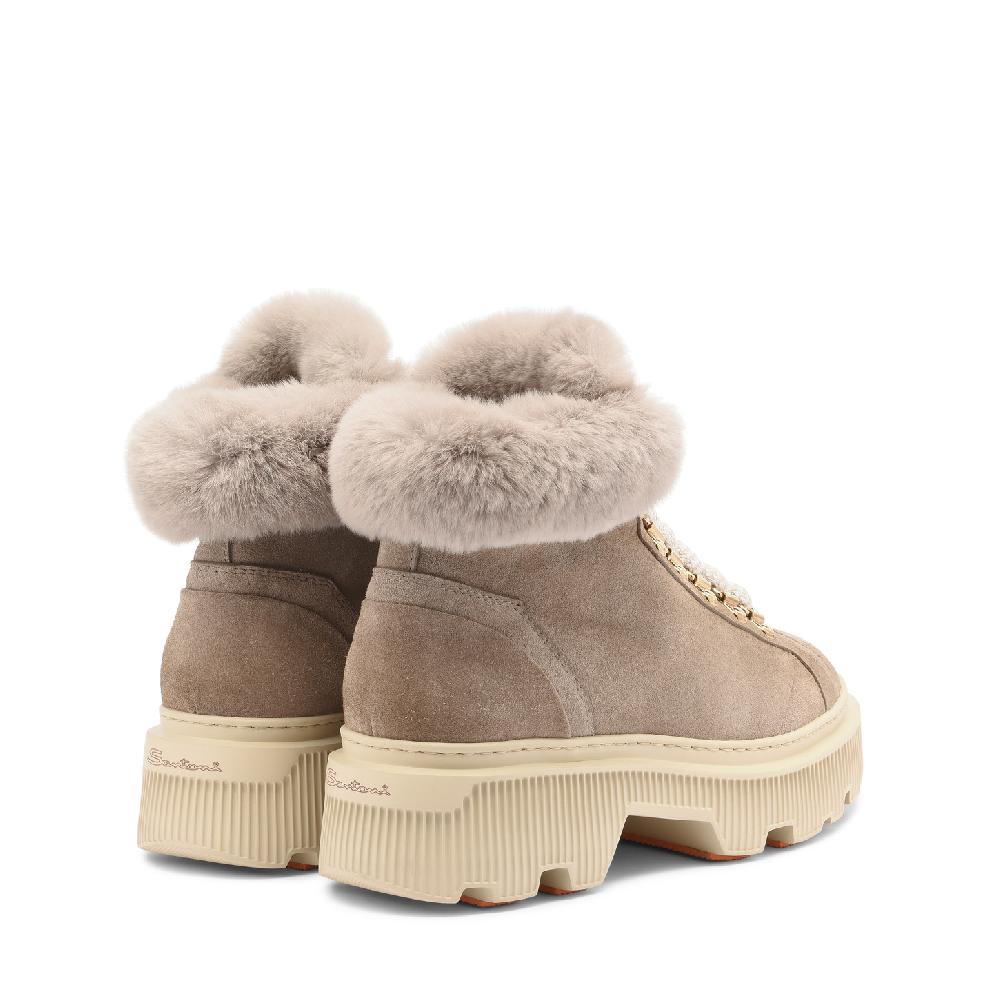 Santoni Scarponcino da montagna con pelliccia da donna in suede tortora Prezzo Ridotto