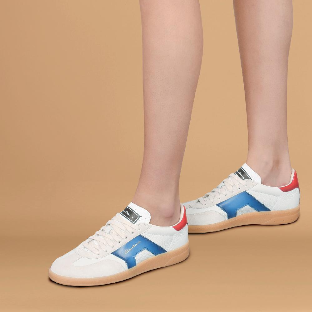 Santoni DBS Oly sneaker da donna in pelle e suede bianco blu e rosso In Vendita