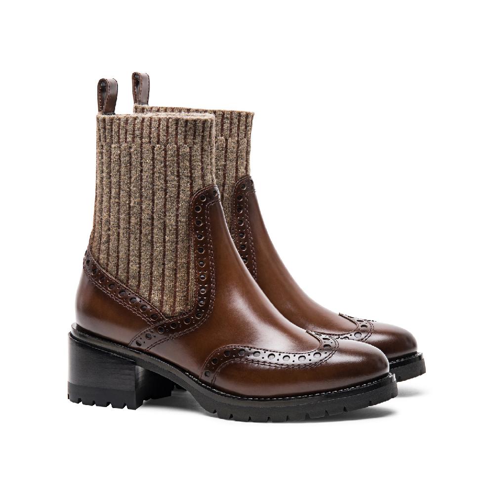 Santoni Stivaletto tacco basso brogue con calzino da donna in pelle marrone Prezzo Ridotto