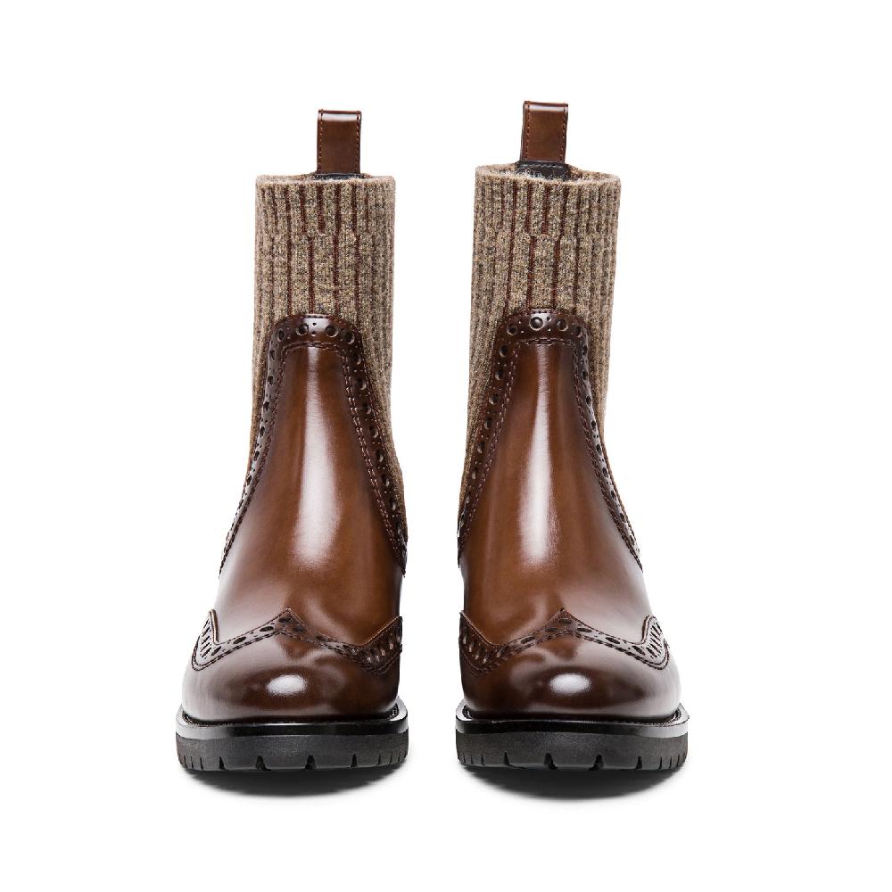 Santoni Stivaletto tacco basso brogue con calzino da donna in pelle marrone Prezzo Ridotto