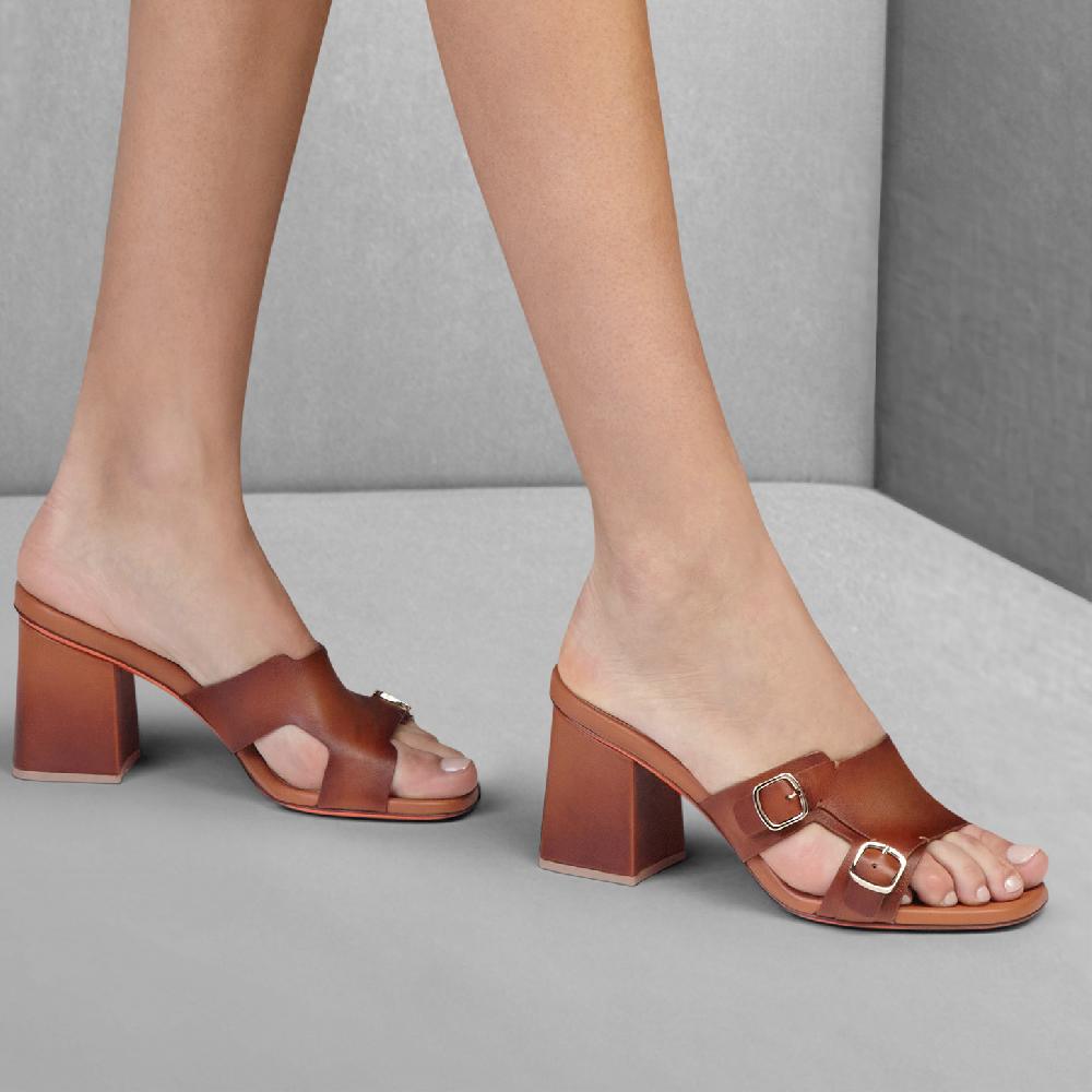 Santoni Sandalo doppia fibbia tacco medio da donna in pelle marrone Offerta