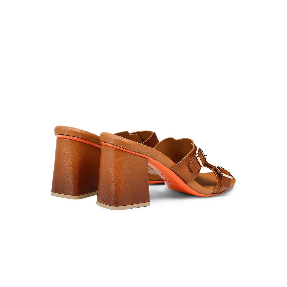 Santoni Sandalo doppia fibbia tacco medio da donna in pelle marrone Offerta