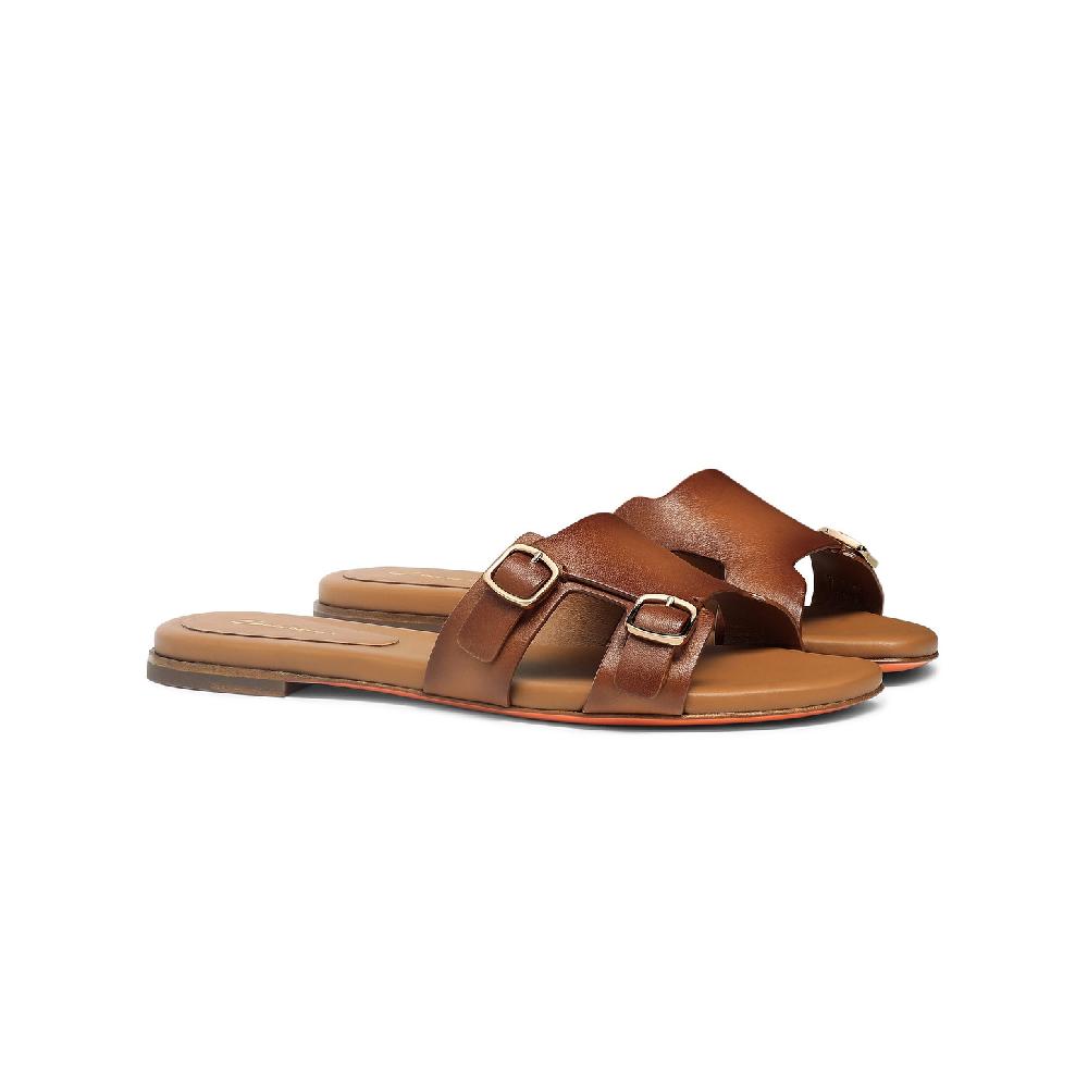 Santoni Sandalo slide Didi con doppia fibbia da donna in pelle marrone Outlet