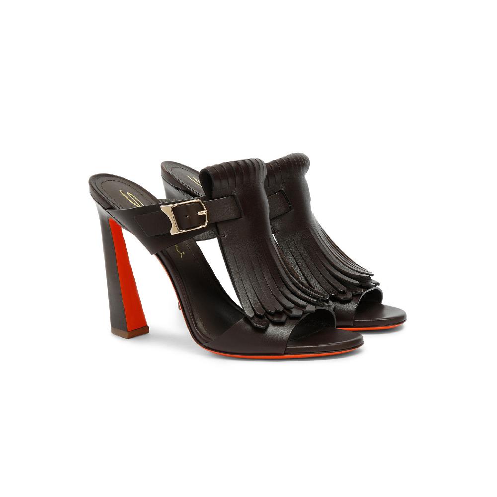 Santoni Sandalo Dua tacco alto con frangia da donna in pelle marrone Offerte stagionali