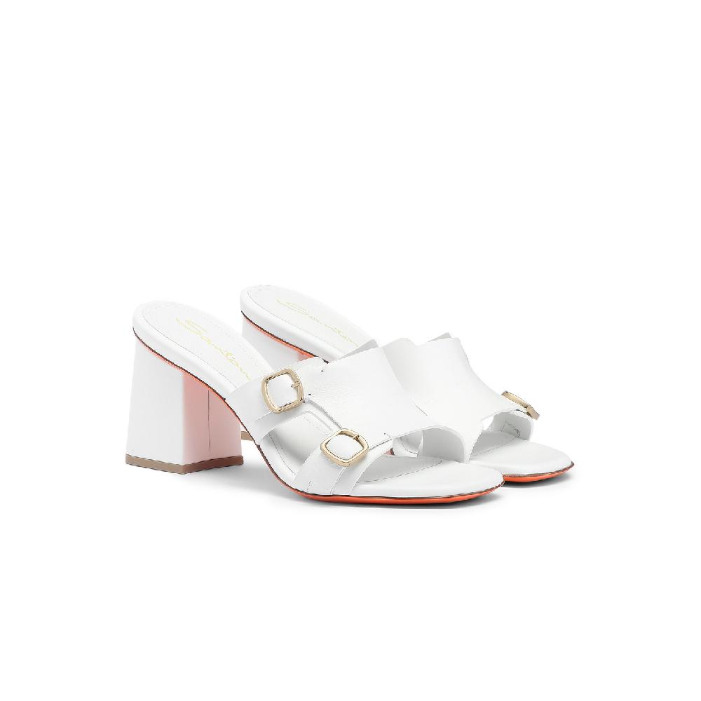 Santoni Sandalo doppia fibbia tacco medio da donna in pelle bianca Nuovo